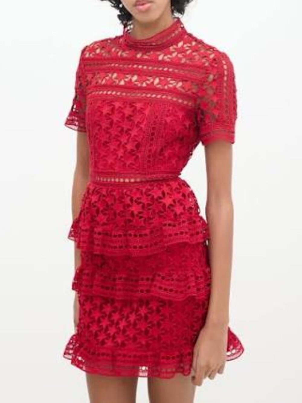 Self-Portrait Red High Neck Giupure Star Lace Paneled Ruffle Mini Dress 10US